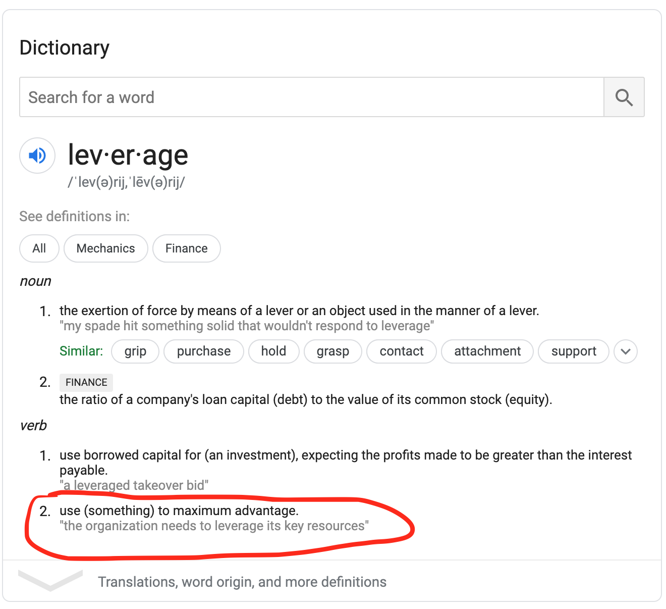 define: leverage google search